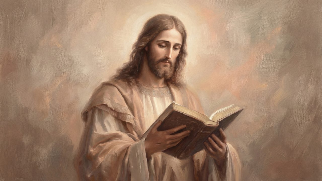 Christian Frame TV Art, Jesus Religious Oil Painting (Jesus Reading Scripture)