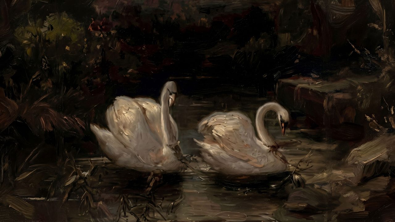 Halloween Frame TV Art, Vintage Moody Oil Painting (Two Swans on Dark Pond)