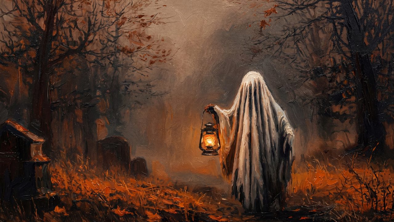 Halloween Frame TV Art, Vintage Moody Oil Painting (Ghost with Lantern in Graveyard)