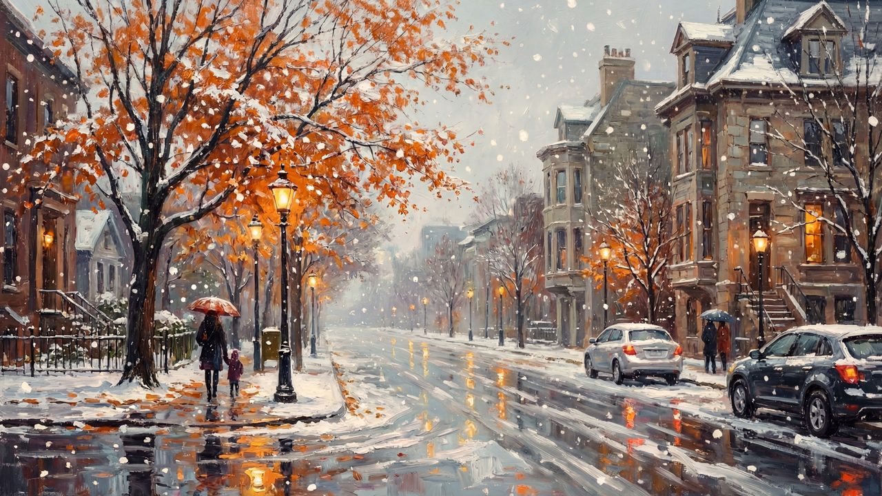 Christmas Frame TV Art, Vintage Holiday Oil Painting (Autumn Street in First Snow)