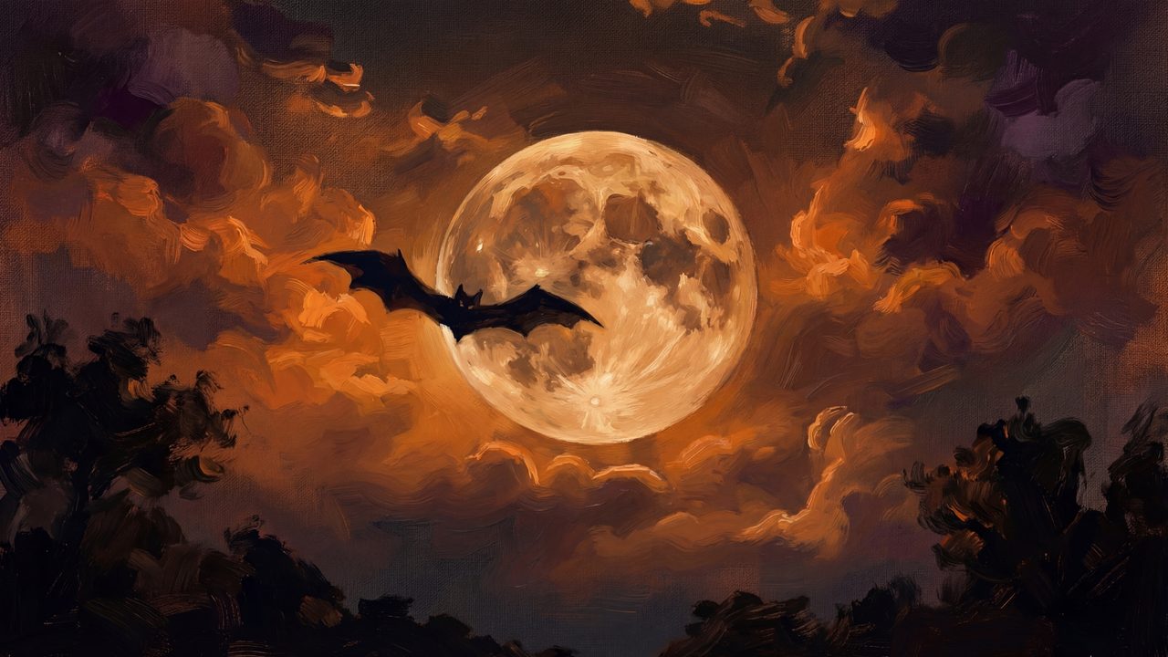 Halloween Frame TV Art, Vintage Moody Oil Painting (Bat Across Full Moon)