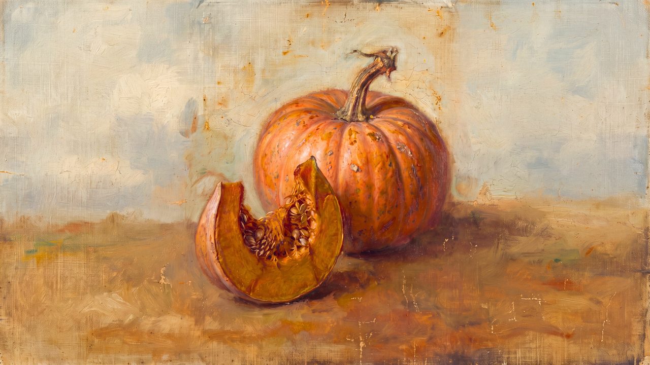 Fall Frame TV Art, Vintage Autumn Oil Painting (Pumpkin with Cut Slice)