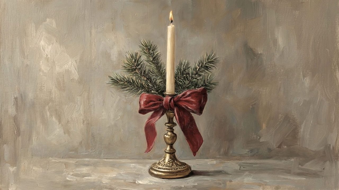 Christmas Frame TV Art, Vintage Holiday Oil Painting (Candle with Red Bow 2)