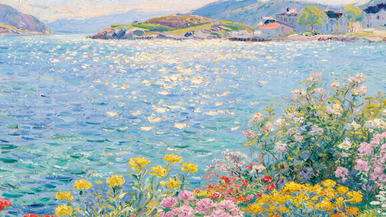 Spring Frame TV Art, Vintage Floral Landscape Oil Painting (Sparkling Bay with Flowers)