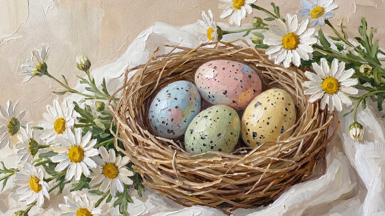 Easter Frame TV Art, Pastel Spring Oil Painting (Easter Eggs in Nest)