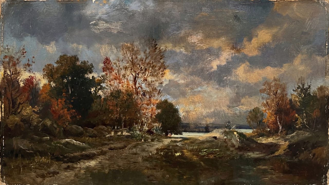 Rustic Frame TV Art, Farmhouse Country Oil Painting (Autumn Field Under Clouds)