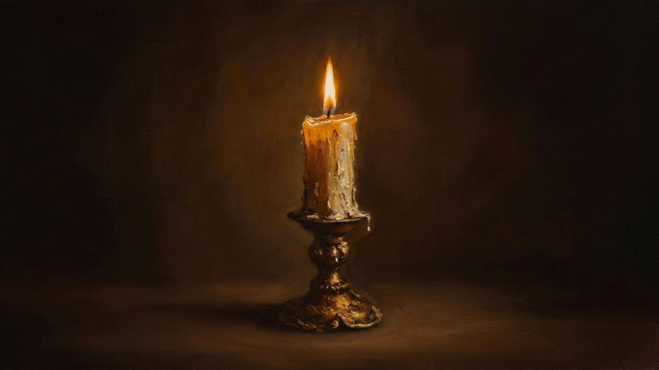 Fall Frame TV Art, Vintage Autumn Oil Painting (Lit Candle in Darkness)