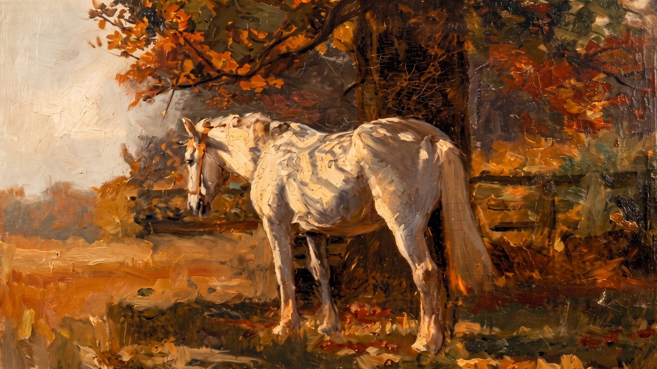 Fall Frame TV Art, Vintage Autumn Oil Painting (White Horse Under Autumn Trees)
