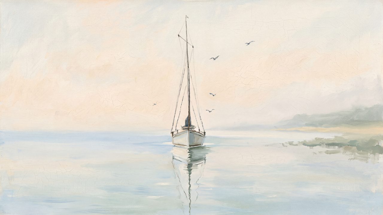 Summer Frame TV Art, Coastal Beach Oil Painting (Lone Sailboat on Still Water)