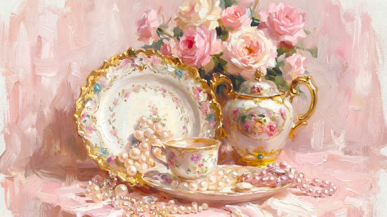 Romantic Tea Time Samsung Frame TV Art, Vintage Porcelain and Pearls Still Life, Soft Rose Bouquet Oil Painting