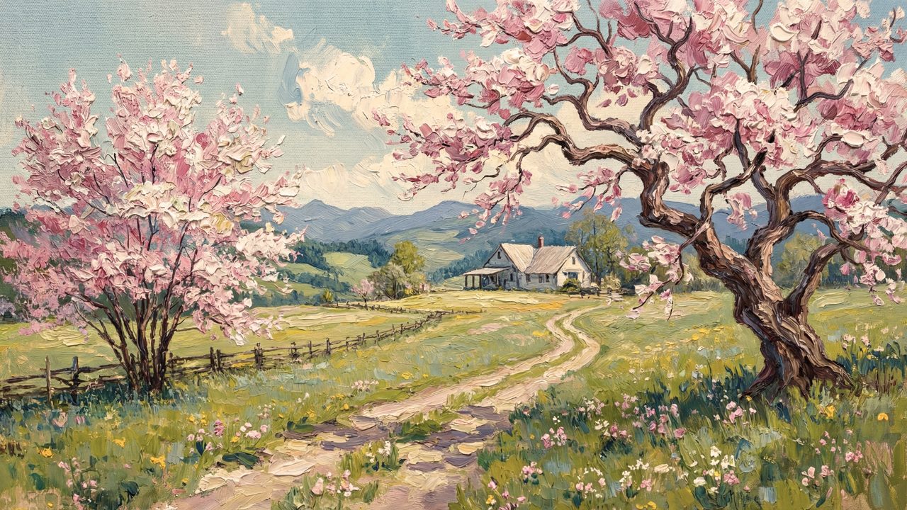 Spring Frame TV Art, Vintage Floral Landscape Oil Painting (Blossom Trees by Country Road)
