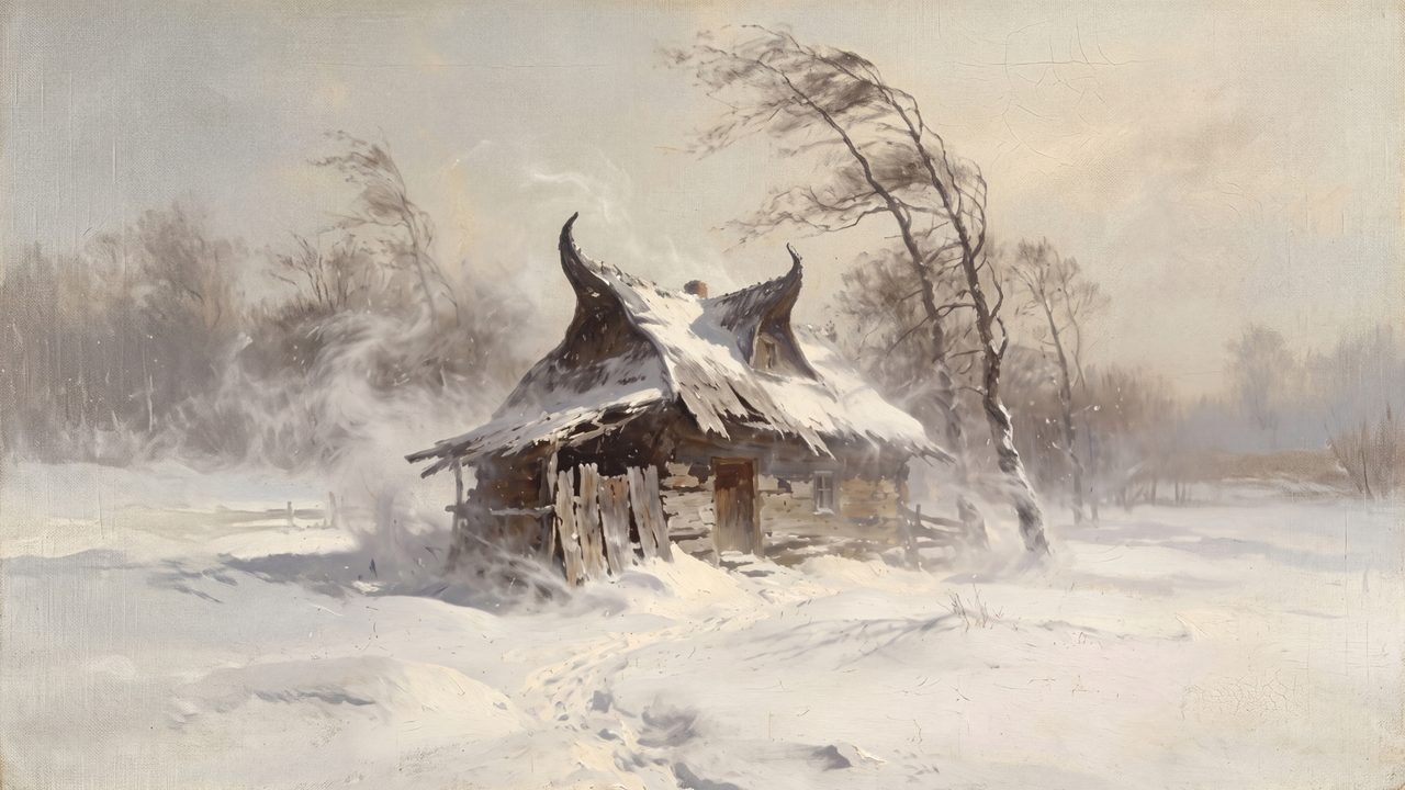 Winter Frame TV Art, Vintage Snowy Landscape Oil Painting (Thatched Hut in Snowstorm)