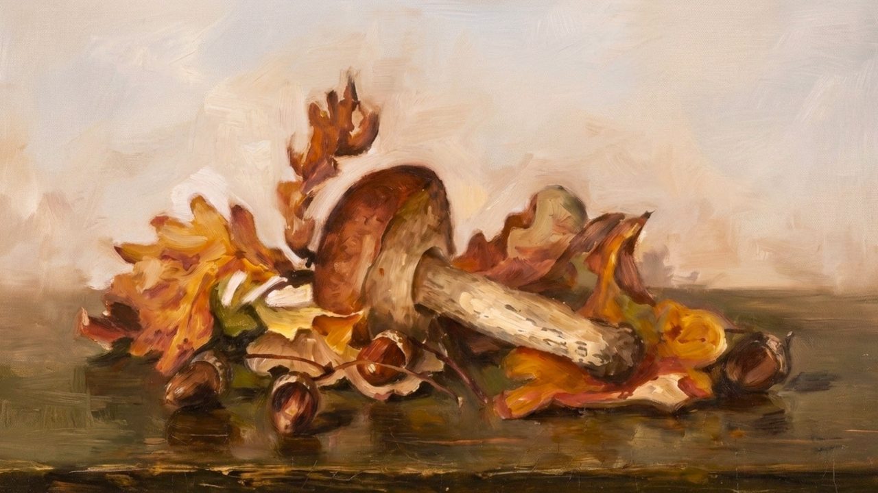 Fall Frame TV Art, Vintage Autumn Oil Painting (Mushrooms and Autumn Leaves)