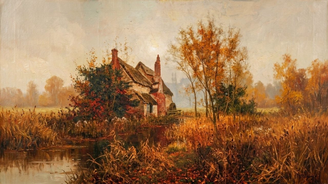 Fall Frame TV Art, Vintage Autumn Oil Painting (Cottage in Autumn Marsh)