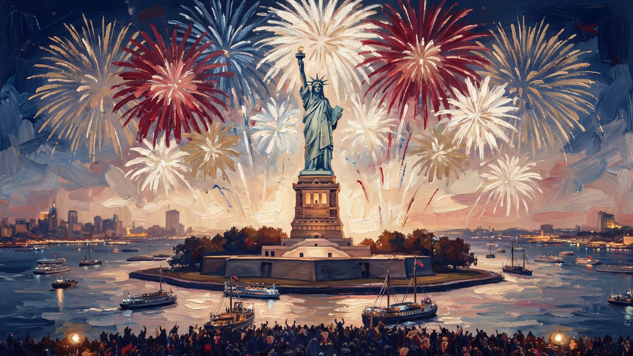 4th of July Frame TV Art, Patriotic American Oil Painting (Statue of Liberty Fireworks)