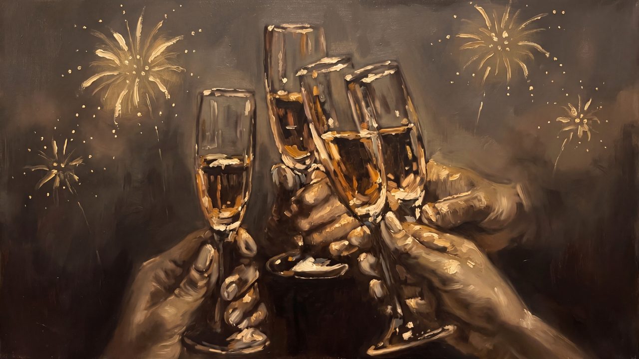 New Year Frame TV Art, Festive Celebration TV Background (Champagne Toast with Fireworks)
