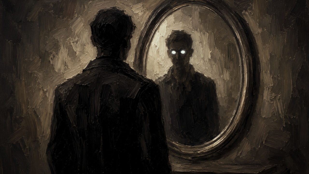 Halloween Frame TV Art, Vintage Moody Oil Painting (Man Facing Shadow in Mirror)