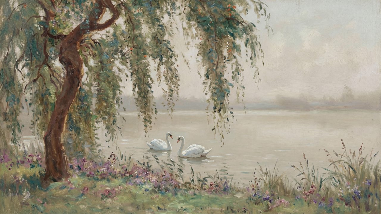Vintage Frame TV Art, Antique Landscape Oil Painting (Swans Under Willow Tree)