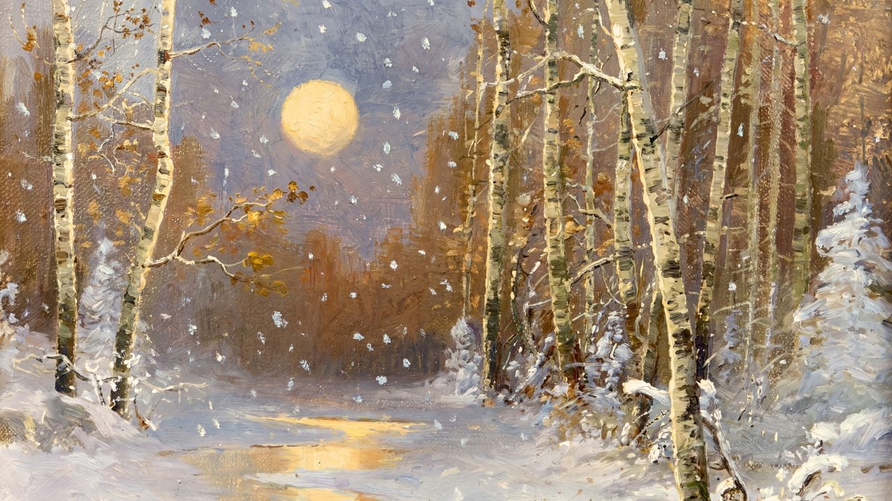Christmas Frame TV Art, Vintage Holiday Oil Painting (Full Moon over Snowy Birches)