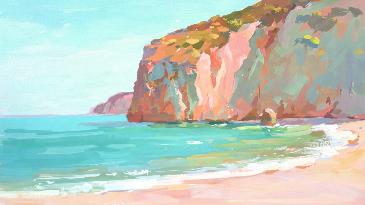 Summer Frame TV Art, Coastal Beach Oil Painting (Seaside Cliff and Cove)