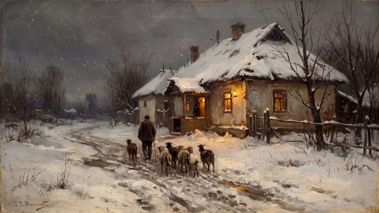 Christmas Frame TV Art, Vintage Holiday Oil Painting (Shepherd with Sheep at Cottage)
