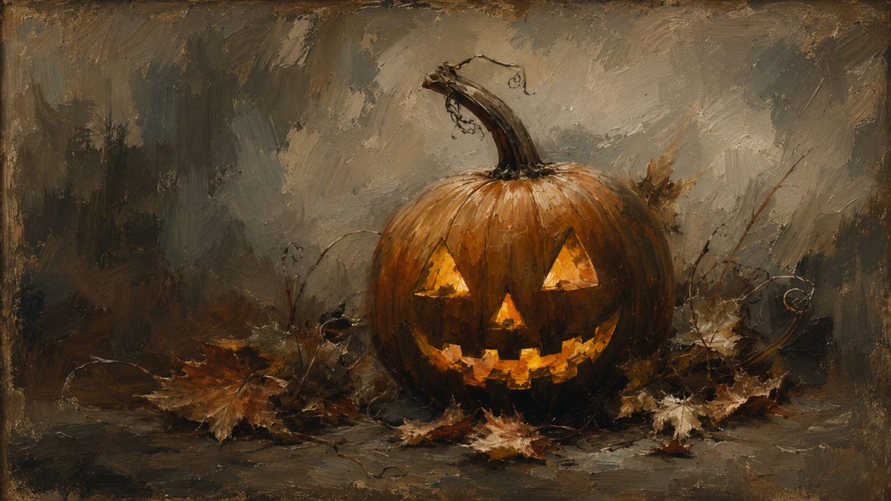 Halloween Frame TV Art, Vintage Moody Oil Painting (Jack-o-Lantern in Leaves)