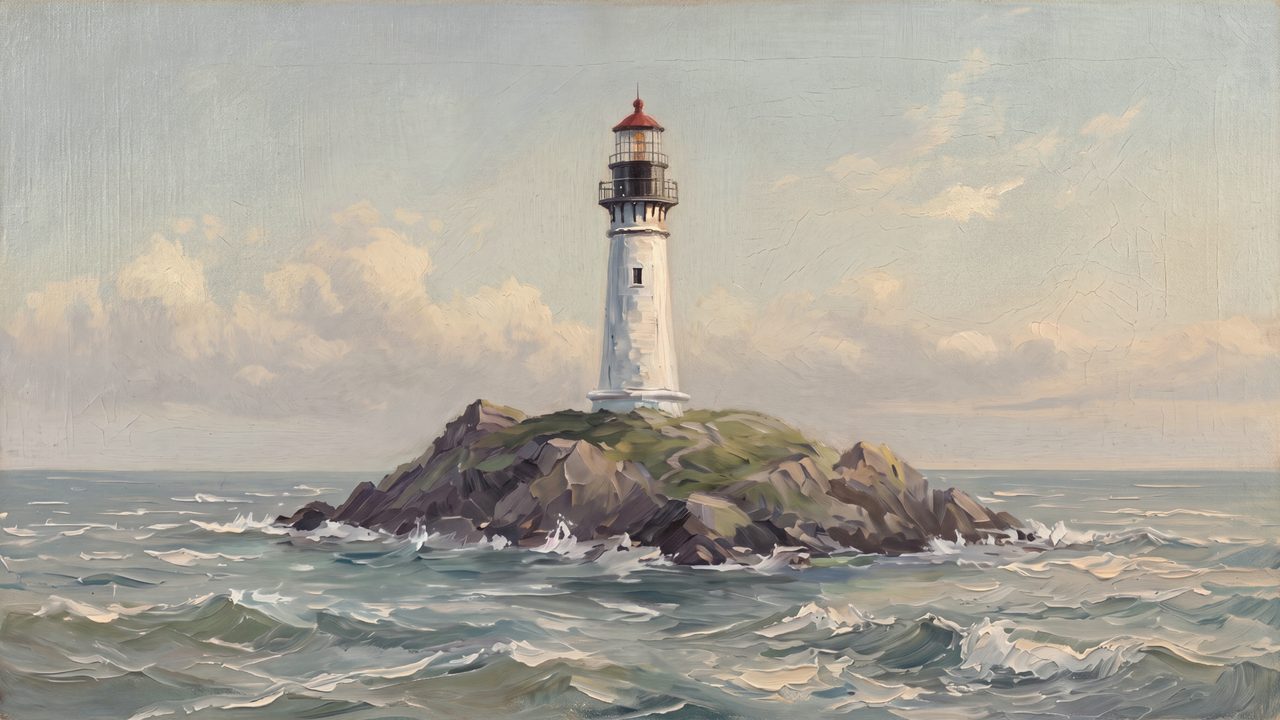 Nautical Frame TV Art, Coastal Oil Painting (Lighthouse on Rocky Island)