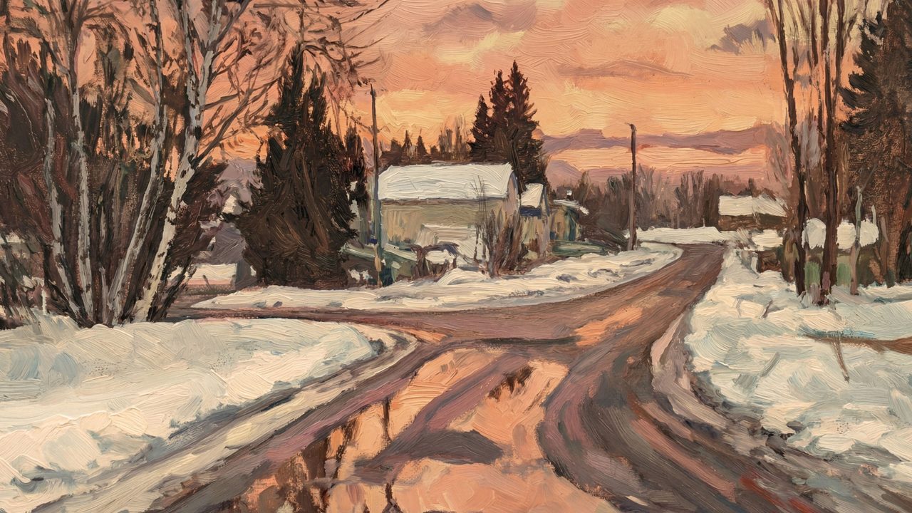 Christmas Frame TV Art, Vintage Holiday Oil Painting (Snowy Road at Sunset)