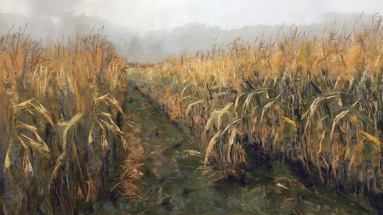 Vintage Frame TV Art, Antique Landscape Oil Painting (Path Through Cornfield)