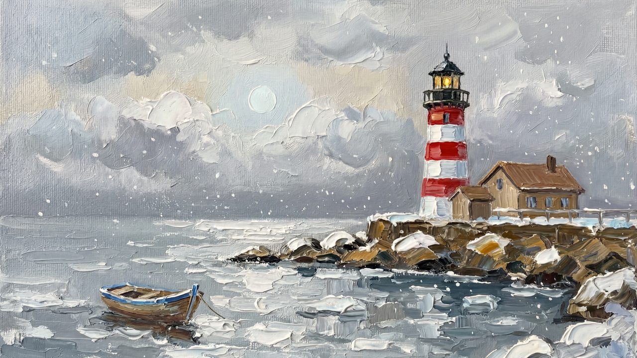 Winter Frame TV Art, Vintage Snowy Landscape Oil Painting (Lighthouse on Snowy Coast)