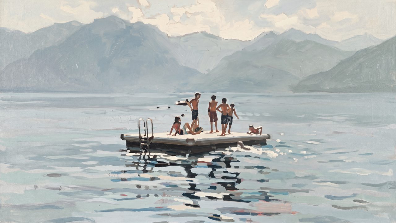 Summer Frame TV Art, Coastal Beach Oil Painting (Kids on Floating Raft)