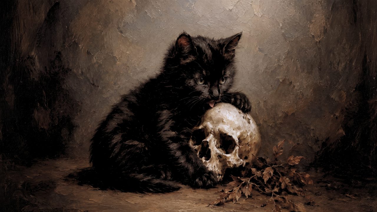 Fall Frame TV Art, Vintage Autumn Oil Painting (Black Cat with Skull)