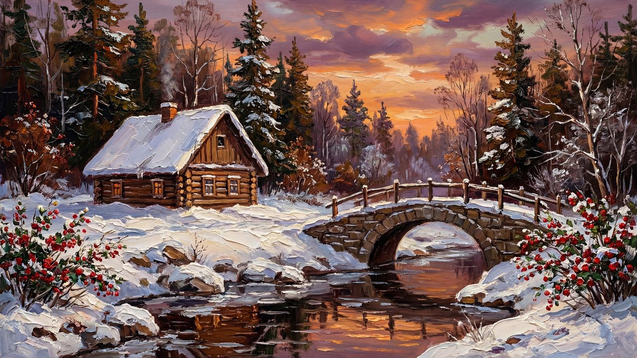 Samsung Frame TV Art Winter Cabin Landscape • Snowy Sunset Painting • Cozy Rustic Bridge Artwork