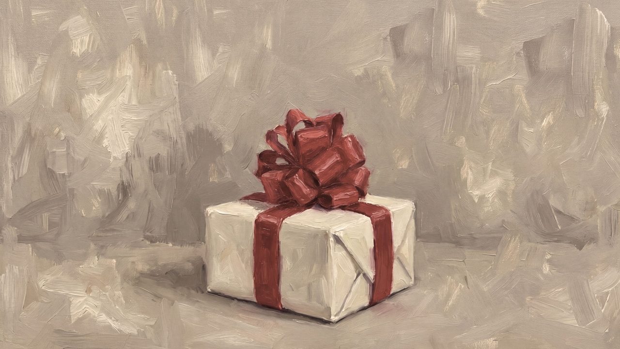 Christmas Frame TV Art, Vintage Holiday Oil Painting (Gift Box with Red Bow)