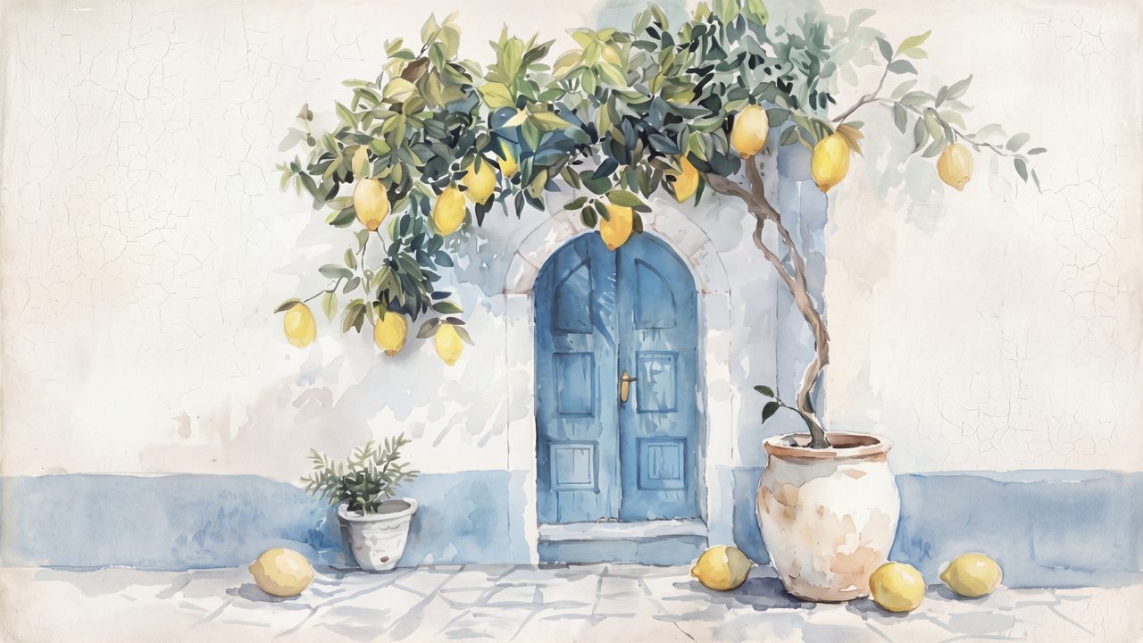 Summer Frame TV Art, Coastal Beach Oil Painting (Blue Door with Lemon Tree)