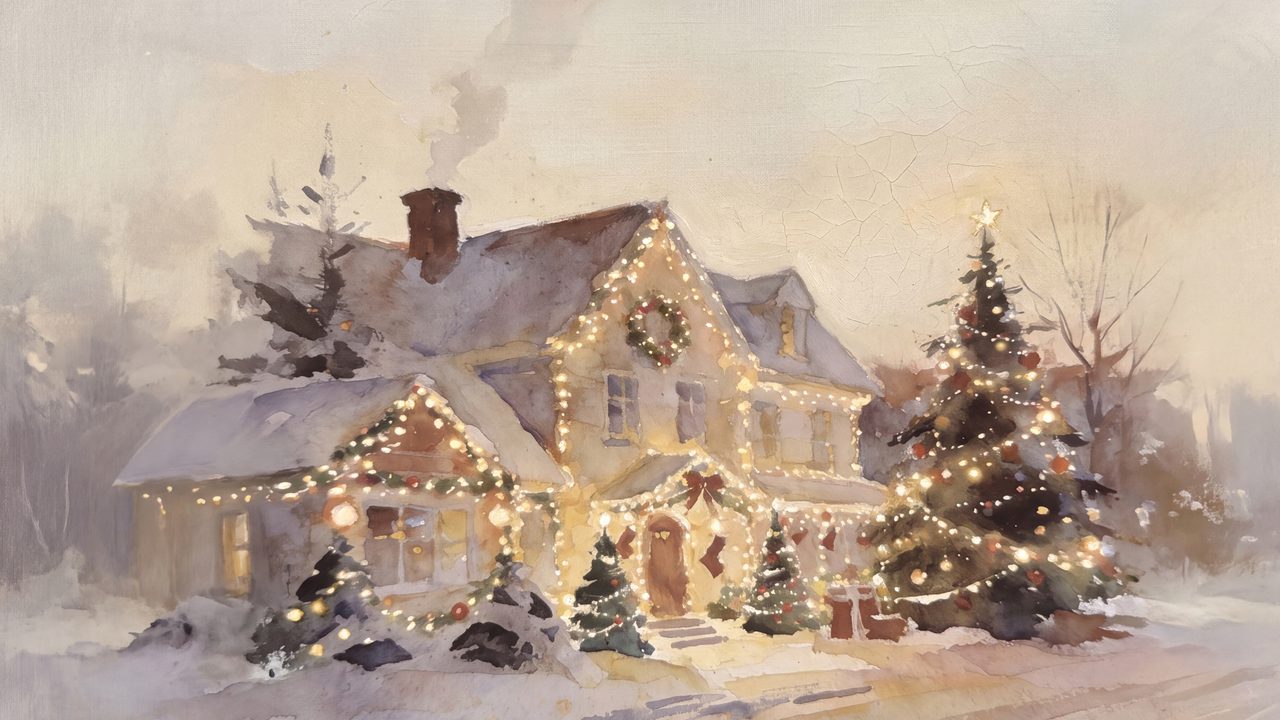 Christmas Frame TV Art, Vintage Holiday Oil Painting (House with Christmas Lights)