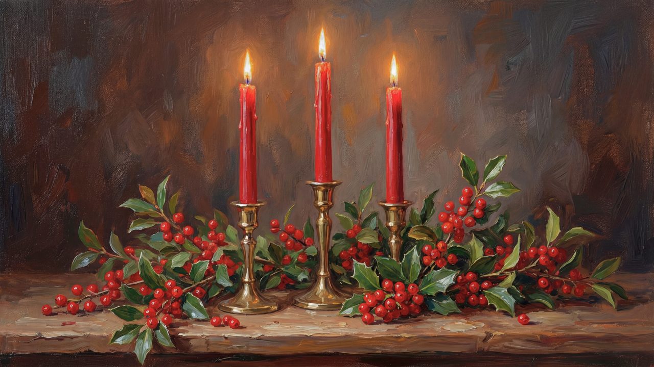 Christmas Frame TV Art, Vintage Holiday Oil Painting (Red Candles with Holly)