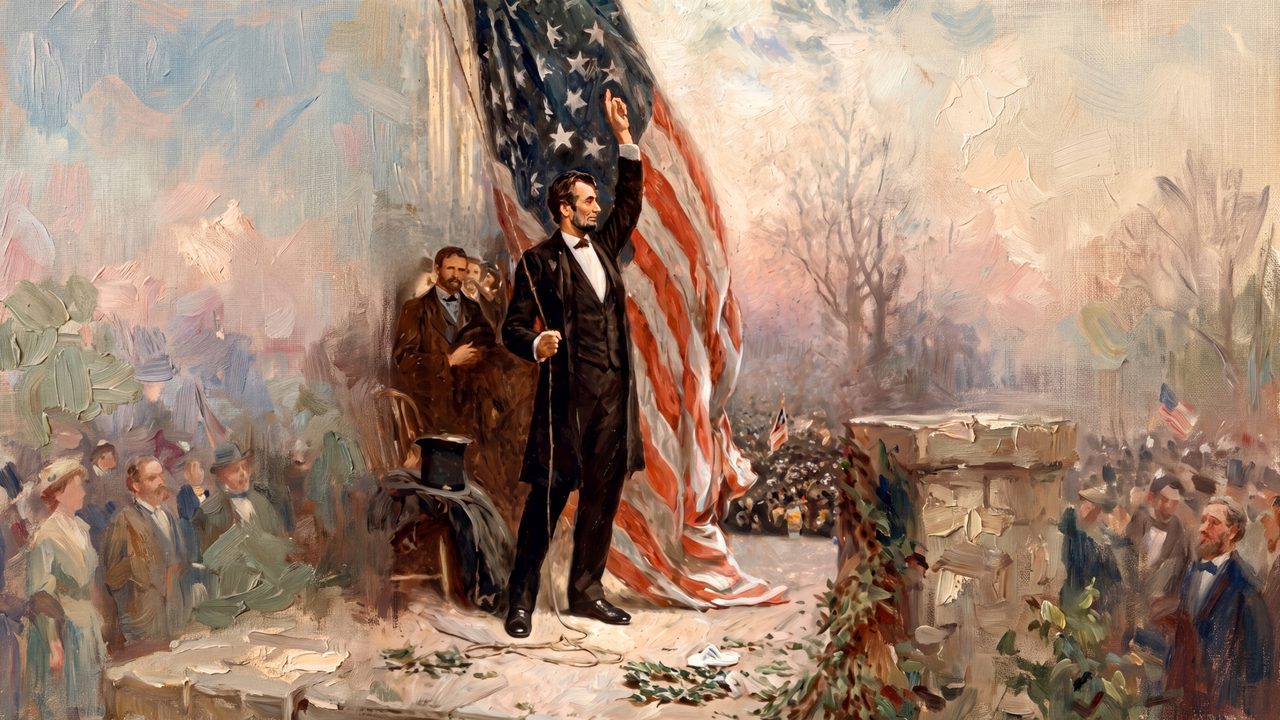 4th of July Frame TV Art, Patriotic American Oil Painting (Lincoln Speaking Before Flag)