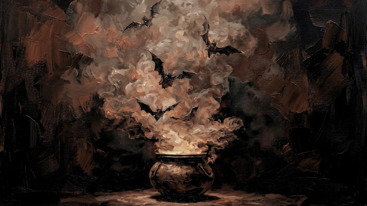 Fall Frame TV Art, Vintage Autumn Oil Painting (Smoking Cauldron with Bats)