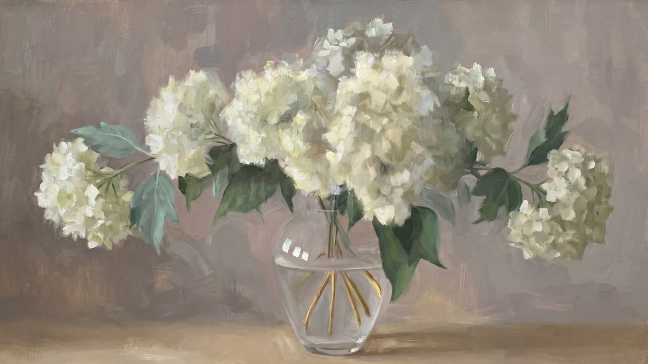 Vintage Frame TV Art, Antique Landscape Oil Painting (White Hydrangeas in Vase)