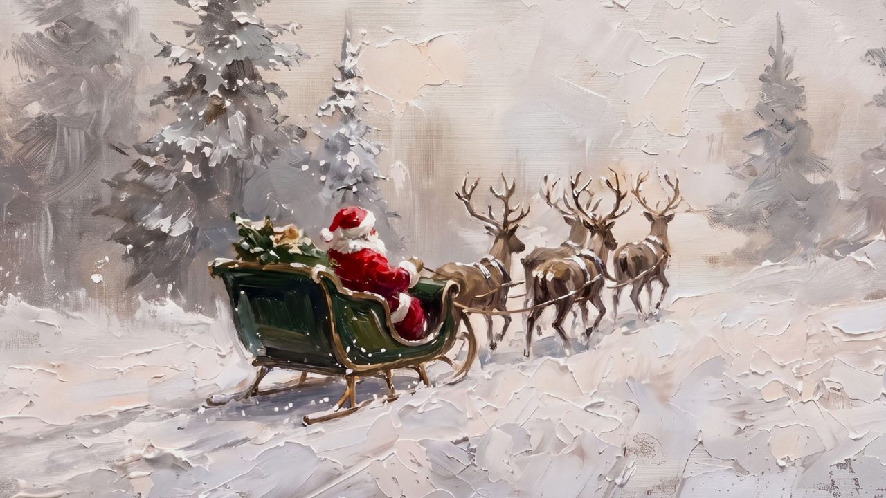 Christmas Frame TV Art, Vintage Holiday Oil Painting (Santa Sleigh with Reindeer 3)