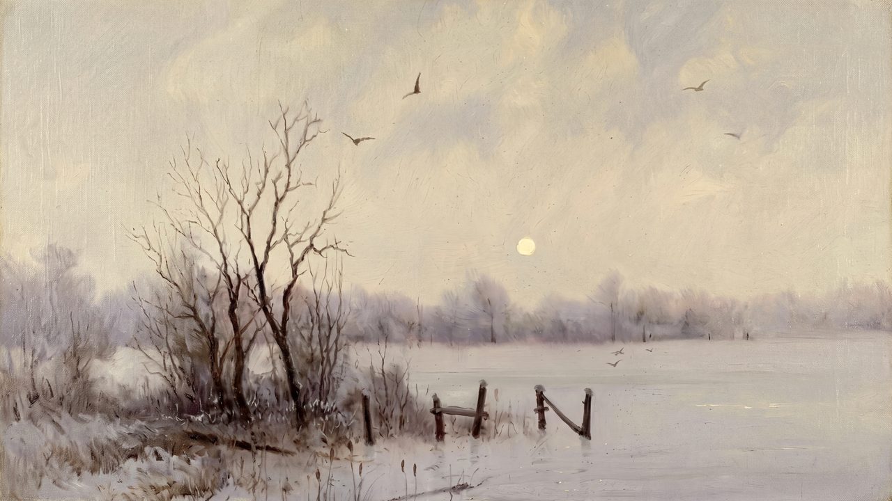 Winter Frame TV Art, Vintage Snowy Landscape Oil Painting (Misty Winter Lake Shore)