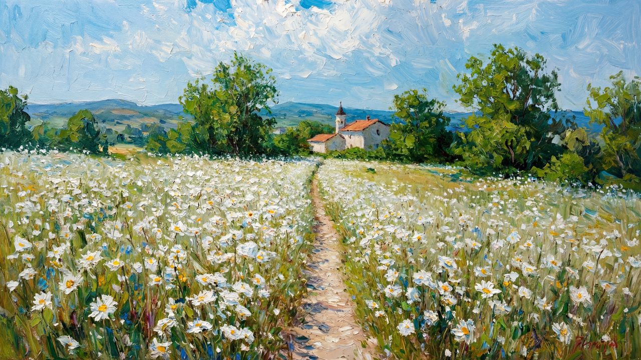 Spring Frame TV Art, Vintage Floral Landscape Oil Painting (Path Through White Flower Field)