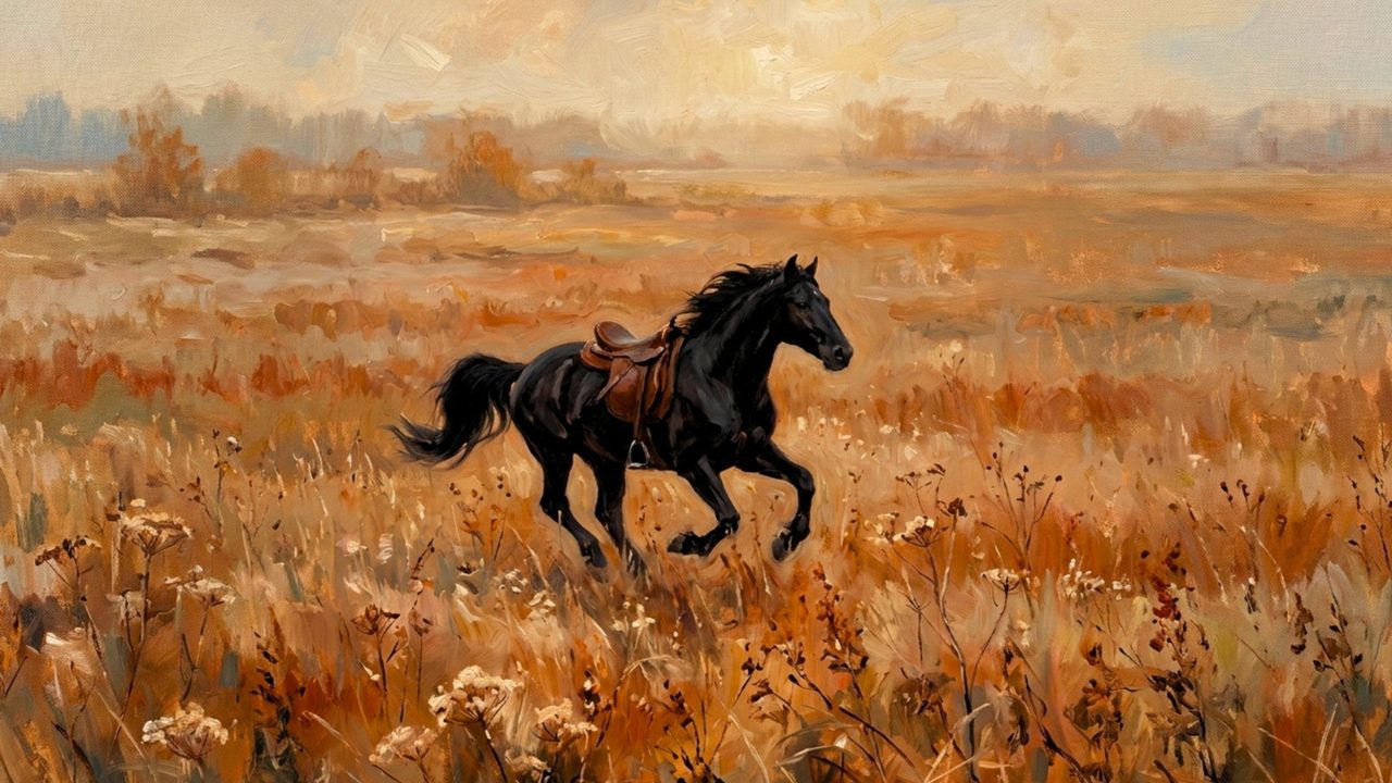 Fall Frame TV Art, Vintage Autumn Oil Painting (Black Horse Galloping in Field)