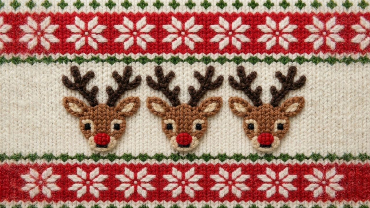 Christmas Frame TV Art, Vintage Holiday Oil Painting (Reindeer Knit Sweater Pattern)