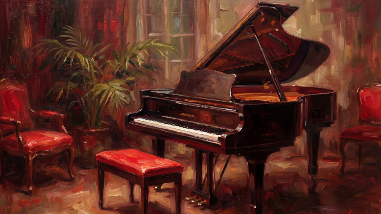 Valentine Frame TV Art, Romantic Vintage Oil Painting (Grand Piano in Red Room)