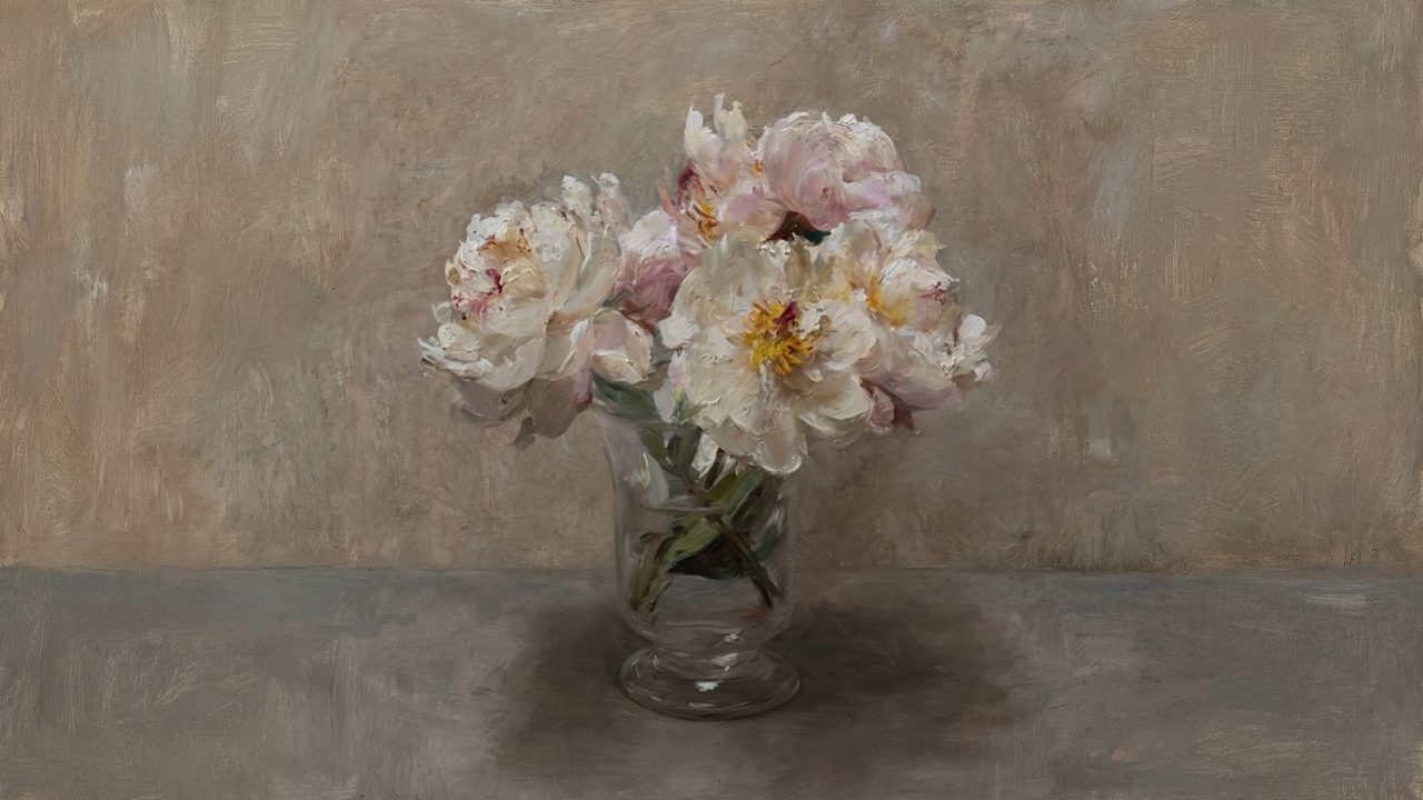 Vintage Frame TV Art, Antique Landscape Oil Painting (Pink Peonies in Glass Vase)