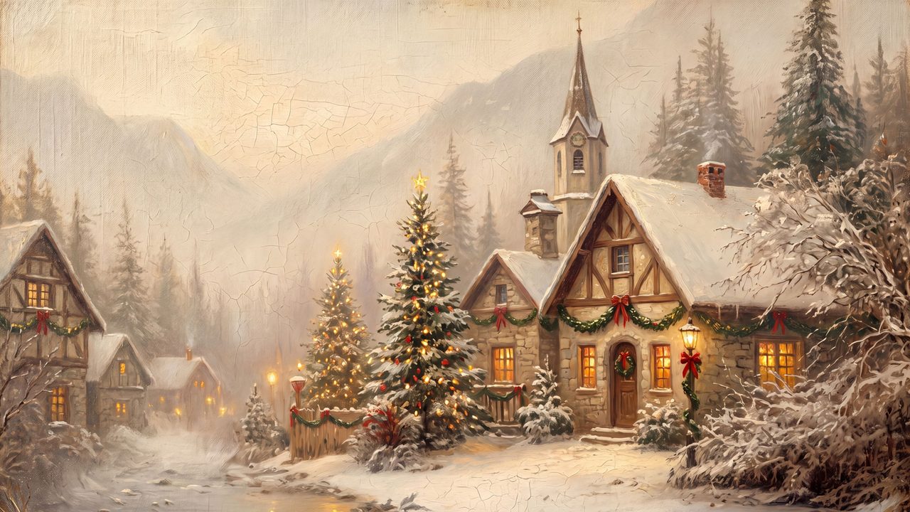 Christmas Frame TV Art, Vintage Holiday Oil Painting (Snowy Village with Lit Trees)