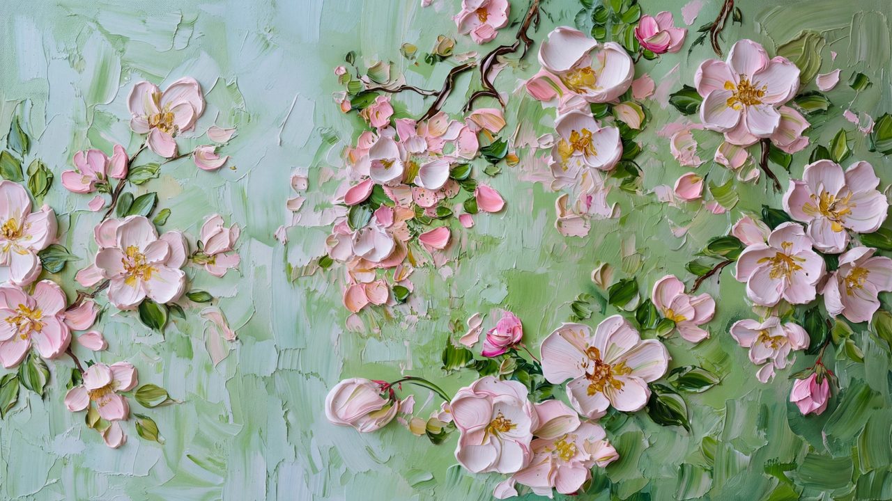 Spring Frame TV Art, Vintage Floral Landscape Oil Painting (Pink Blossoms on Green)
