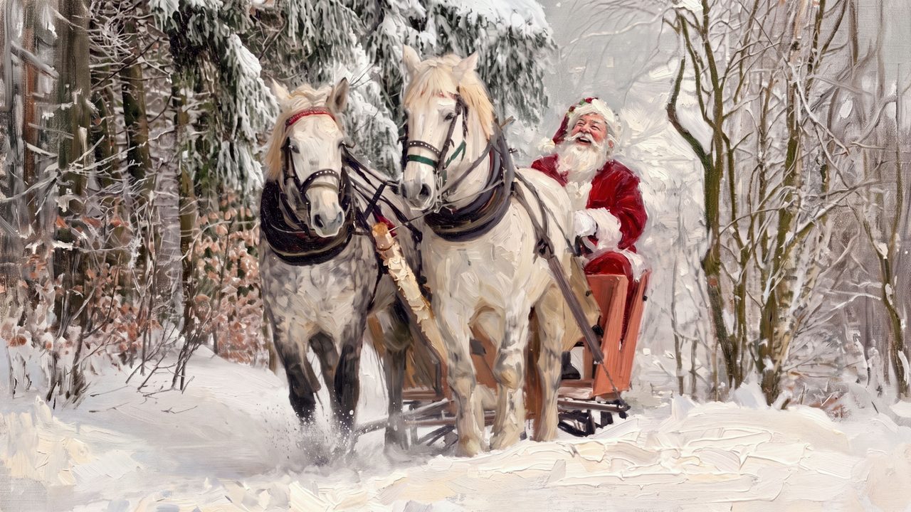 Christmas Frame TV Art, Vintage Holiday Oil Painting (Santa with White Horses)